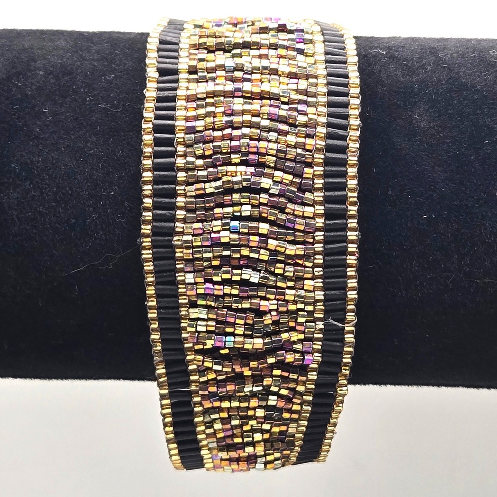 Handmade Woven Seed Bead Cuff Bracelet Black Gold Iridescent Button Closure